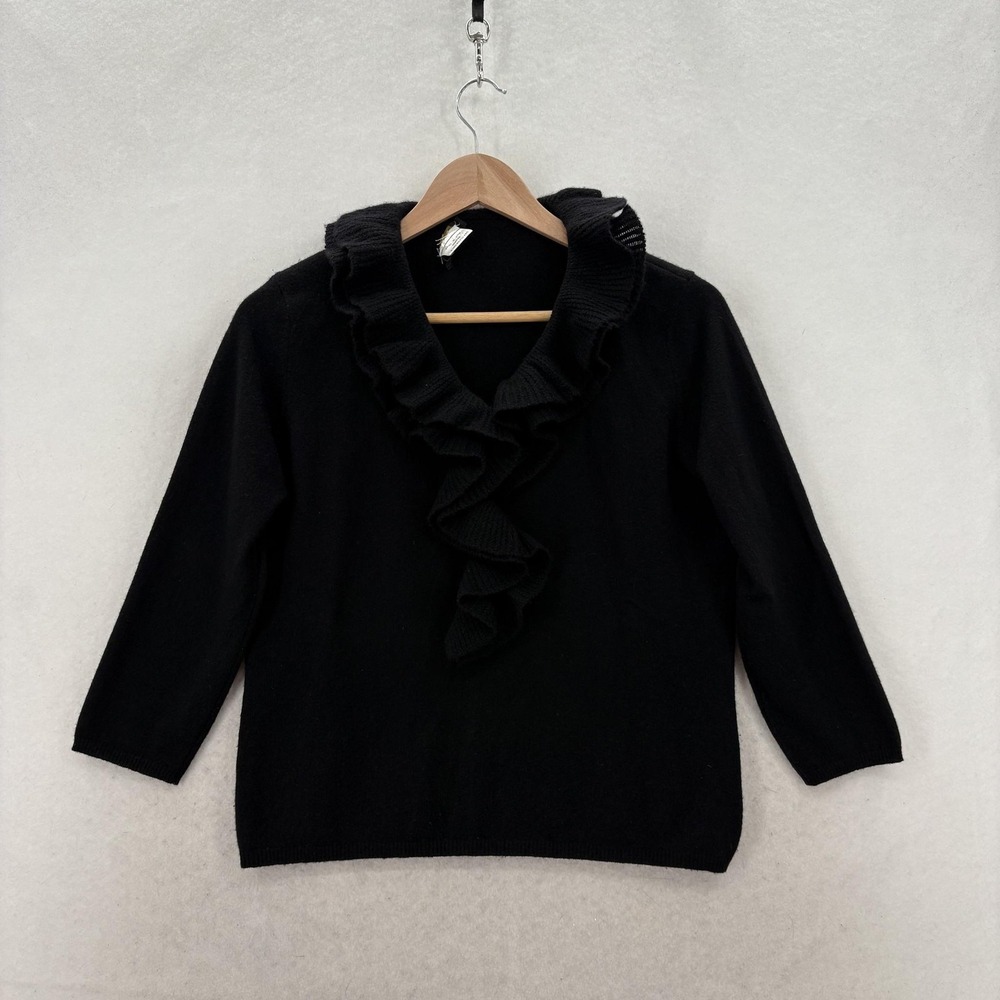 Elizabeth Sweater Womens Large Black 100% Cashmere Ruffle V Neck 3/4 Sleeve Y2K